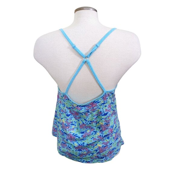 Womens Y2K Babydoll Cami Top Size L Blue Flowers Flamingos Dainty Cottage Fairy - Picture 3 of 7
